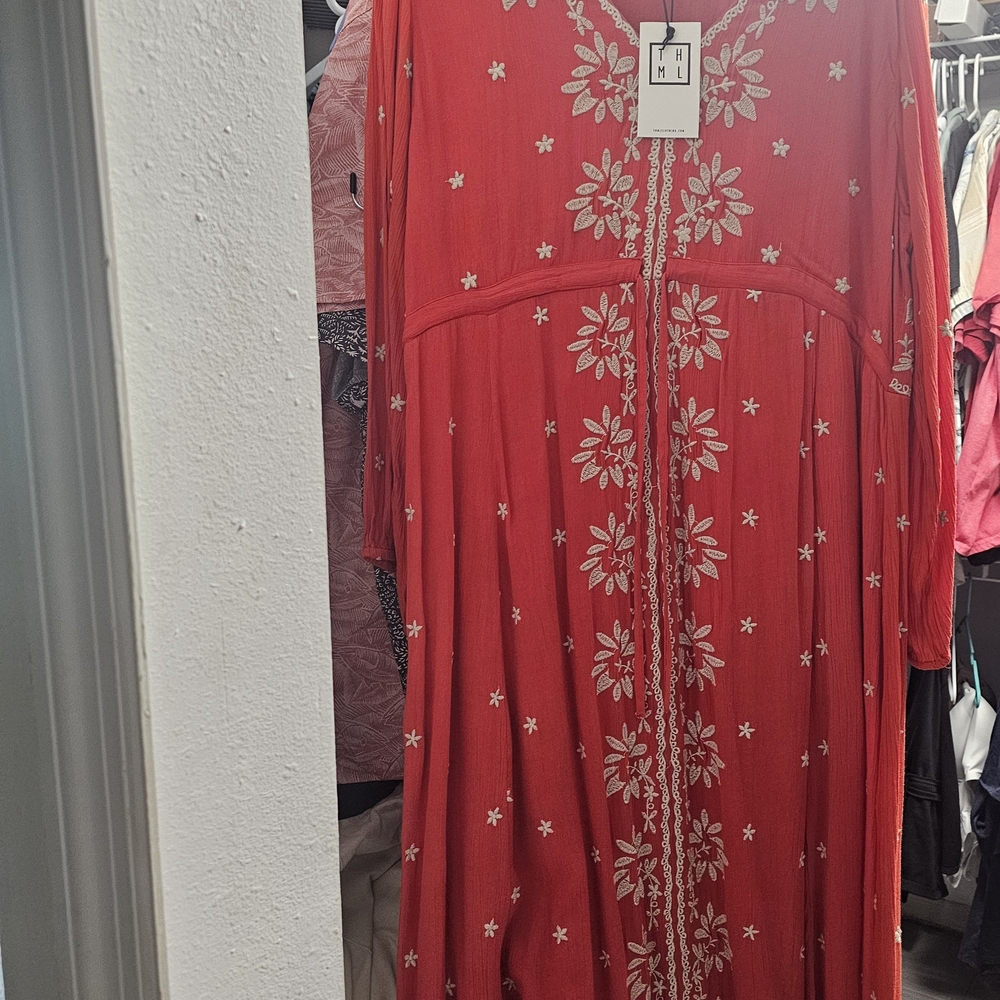 THML Red Maxi Dress with White Floral Embroidery